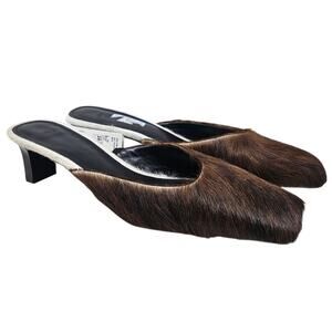 NEW Mango MNG 39 Leather Calf Hair Fur Square Toe Mule Brown Glam Avant Garde